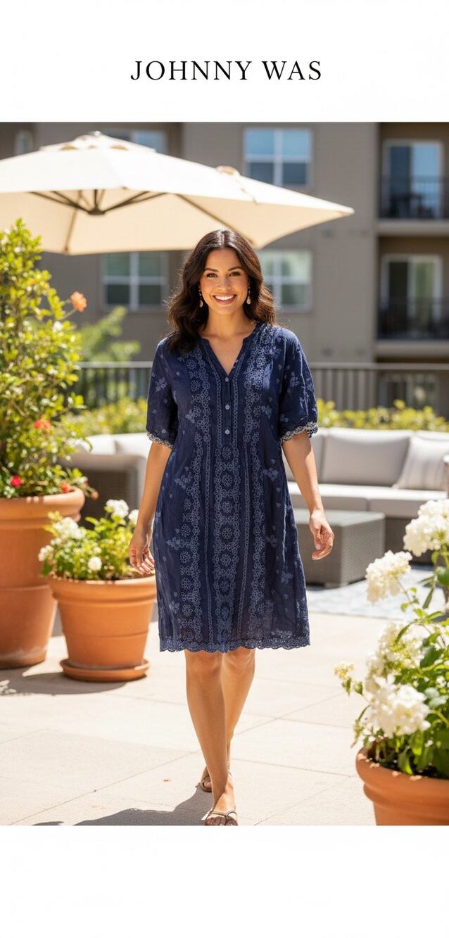 Johnny Was Blue Riza Embroidered Eyelet Dress.